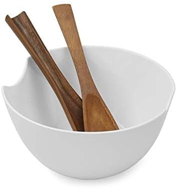 Nambé Quatro Salad Bowl with Servers - Bone China & Acacia Wood Serving Set, Elegant White Salad Serving Bowl for Salads, Pasta & Gatherings, 11” x 5.5”, Modern Tableware & Entertaining Serveware