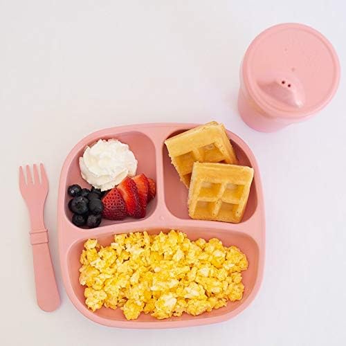 Re-play 3x3 Divided Toddler Plates and Utensils Set - Toddler Forks and Spoons Set - Dishwasher and Microwave Safe - Made in USA - Modern Pink