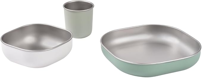 BEABA Stainless Steel Meal Set | Microwave and Oven Safe | Baby Plates Baby Bowls and Cup with Anti-Slip Silicone Cover | Kids Plates Non Toxic, Sage Green