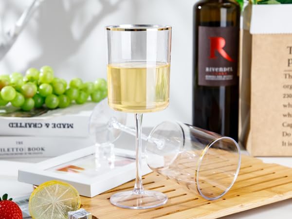 Ciaell 12 Pack Plastic Wine Glasses - 10 Oz Plastic Wine Glasses with Stem - Gold Rim Disposable Cups for Parties & Weddings & Poolside & Toasting & Outdoors & Christmas & New Year