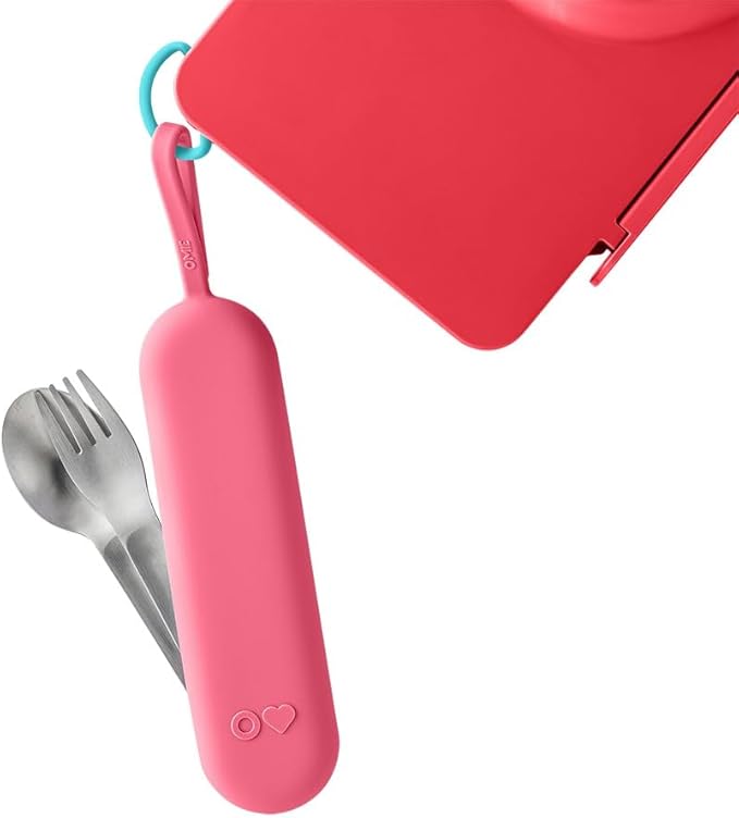 Omie OmieBox Travel Utensil Set | Fork and Spoon with Case for Easy Travel | Stainless Steel Fork and Spoon | Pink