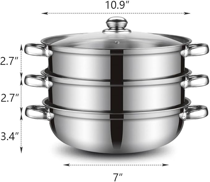 Steamer Pot for Cooking 11 inch Steamer Pot, 3-tier Multipurpose 18/8 Stainless Steel Steam Pot Cookware with Lid for Vegetable, Dumpling, Stock, Sauce, Food