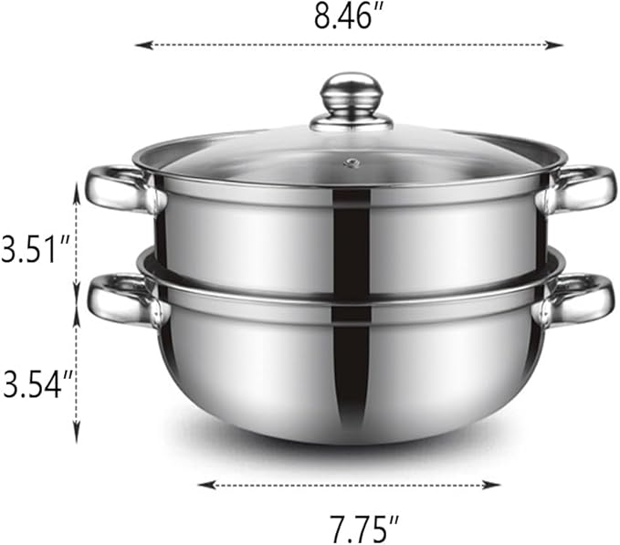 Steamer Pot for Cooking 8.8 inch Steamer Pot 2-tier Multipurpose 18/8 Stainless Steel Steam Pot Cookware with Lid for Vegetable, Dumpling, Stock, Sauce, Food