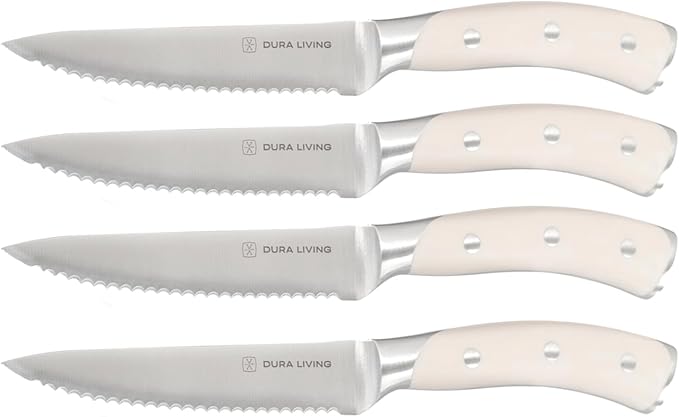 DURA LIVING 8-Piece Serrated Kitchen Steak Knife Set – Forged High Carbon Stainless Steel, Ultra Sharp, Ergonomic Black Handles, Durable Dinner Knives, Cream Handle