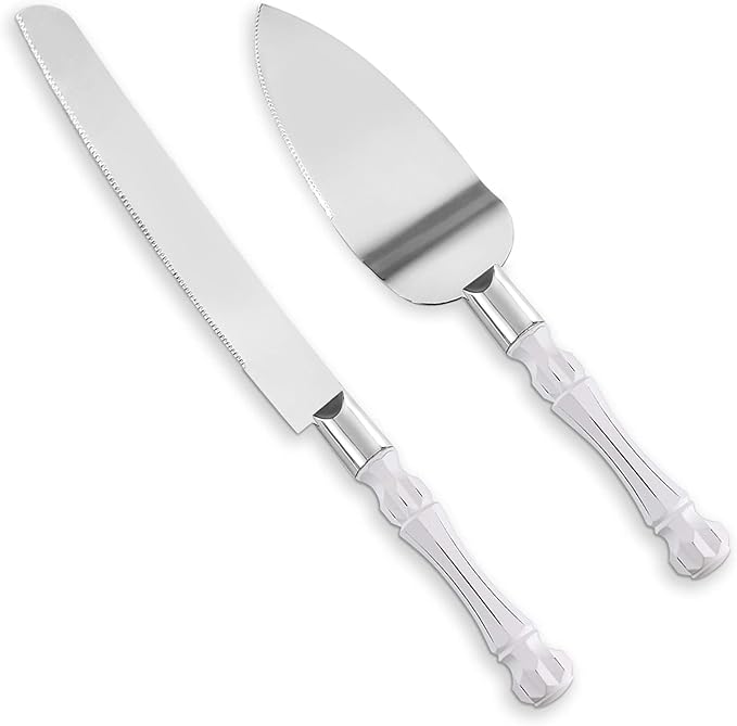 Homi styles White Elegant Cake Knife and Server Set, Cake Cutter and Pie Spatula, Cake Server and Knife Set of 2 with Thick Blades,Rustic Wedding Cake Cutting Set, Birthdays, Anniversaries,Parties