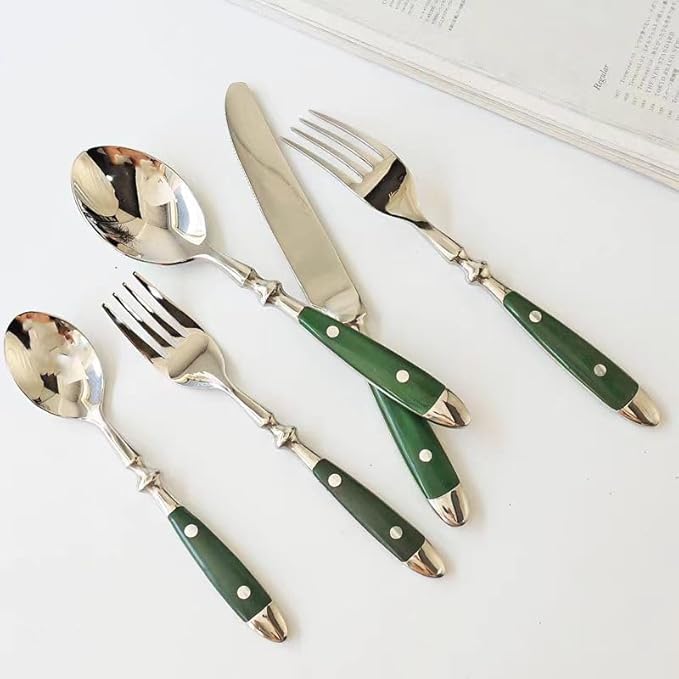 20-Piece Silverware Set, 304 Riveted Stainless Steel Flatware Set, Service for 1, Vintage Cutlery Set with Green Bakelite Handle, Mirror Polished | Rustic | Dishwasher Safee
