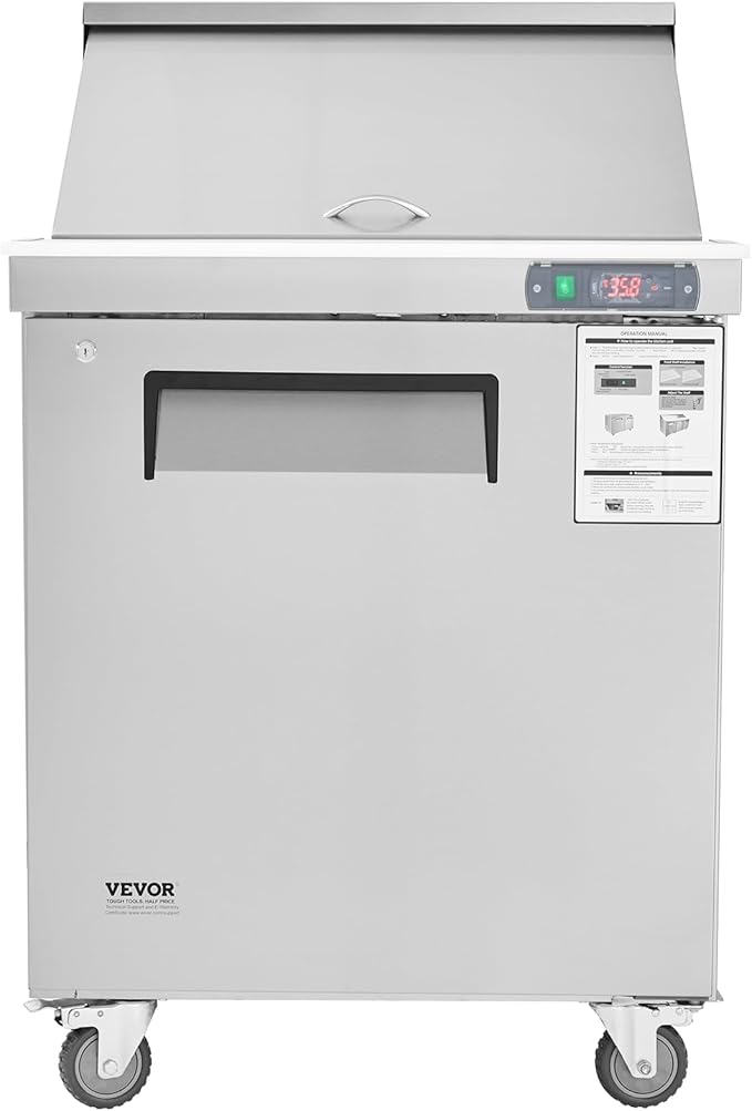 VEVOR 28" Commercial Refrigerator, 12 Pans Sandwich & Salad Prep Table, 7.4 Cu. Ft Stainless Steel Refrigerated Food Prep Station, Frost Free Mega Top Refrigerator for Restaurant, Food Truck, Bar