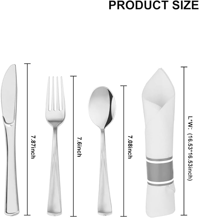 60 Pack Silver Plastic Silverware Set with Pre Rolled Napkins - Disposable Individually Wrapped Cutlery Set Includes 60 Forks, 60 Knives, 60 Spoons, 60 Napkins, Gold Utensils Set (Silver-60 Pack)
