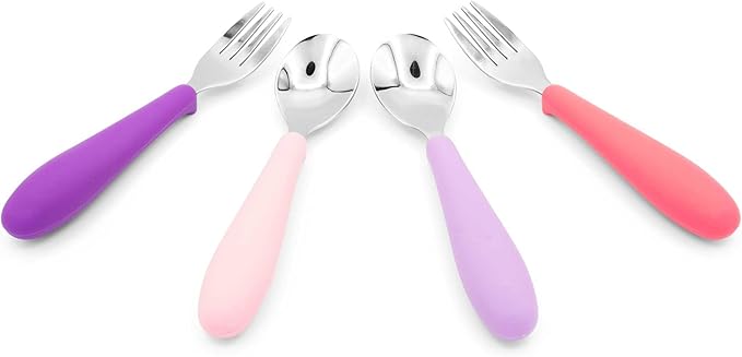 Eat with Me Spoon and Fork Set – Toddler Utensils with Easy-Grip Silicone Handles – Kid-Sized & Safe Stainless Silverware – Promotes Independent Eating – Dishwasher Safe (Grape)