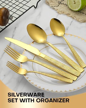 49Pcs Silverware Set with Organizer, Silver Stainless Steel Flatware Set for 8 Cutlery Utensil Sets with Steak Knives, Spoons and Forks Set, Dishwasher Safe