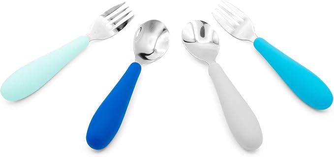 Eat with Me Spoon and Fork Set – Toddler Utensils with Easy-Grip Silicone Handles – Kid-Sized & Safe Stainless Silverware – Promotes Independent Eating – Dishwasher Safe (Midnight)