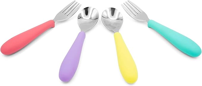 Eat with Me Spoon and Fork Set – Toddler Utensils with Easy-Grip Silicone Handles – Kid-Sized & Safe Stainless Silverware – Promotes Independent Eating – Dishwasher Safe (Watermelon)