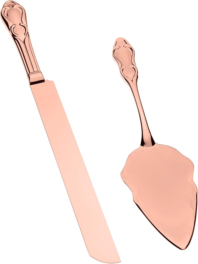 Ella Celebration Rose Gold Engravable Cake Knife & Server Set for Engraving, Rose Gold Wedding, Anniversary, Vintage Party Supplies (Elegant Rose Gold Engravable)