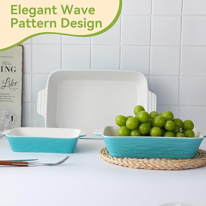Baking Dish for Oven Casserole Dishes Bakeware Set With Ramekin Ceramic Lasagna Pan 9×12.8 Inch Large Deep Baking Dishes Rectangular Non-Stick Baking Pans for Kitchen Baking and Roasting Turquoise