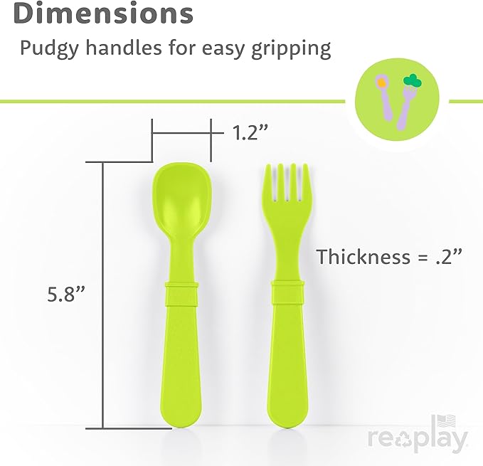 Re-Play Made in USA Forks and Spoons, Pack of 12 With Carrying Case - 6 Kids Forks with Rounded Tips and 6 Deep Scoop Toddler Spoons - 0.2" Thick Utensils with Case, Grinchmas