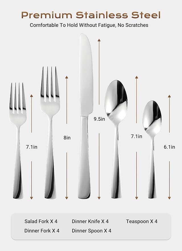 20-Piece Flatware Sets, Silverware Set for 4, Durable Stainless Steel Tableware in Ergonomic Design Size and Weight, Kitchen Utensils Set with Steak Knives, Rust-proof, Dishwasher Safe