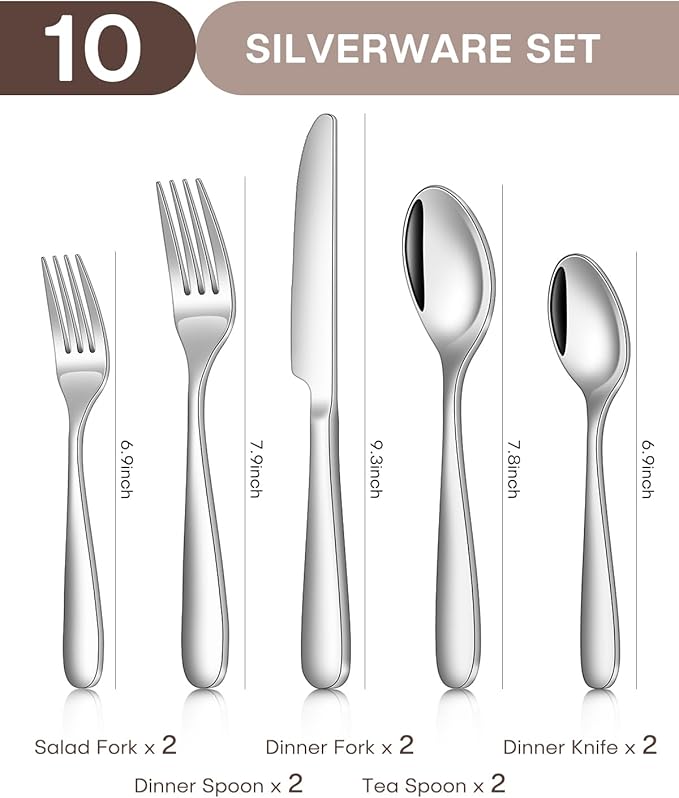 Silverware Set, Ollex 10 Pieces Stainless Steel Flatware Set for 2, Heavy Duty Utensil Set with Premium Mirror Polished Knives Spoons Forks Utensils Set for Kitchen Cutlery Set, Dishwasher Safe