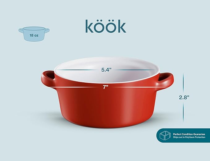 Kook Soup Crocks, Ceramic Stackable Bowls, Broil, Oven, Microwave and Dishwasher Safe, with Handles, For Casserole, Pasta, Cereal, Capacity 18 oz, Set of 4, (Matte Red)