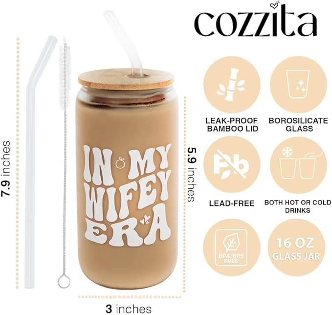 In My Wifey Era Cup 16oz Glass Coffee Cup with Bamboo Lid & Straw | Wifey Bride Cup, Cute Aesthetic Glass Tumbler for Women