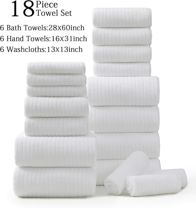 18 Piece Family Bath Towel Set Include 6 Bath Towels,6 Hand Towels and 6 Washcloths Soft Bathroom Towel with Hanging Loops,Highly Absorbent Quick Dry Towels Set for Bathroom,Hotel and Spa-White