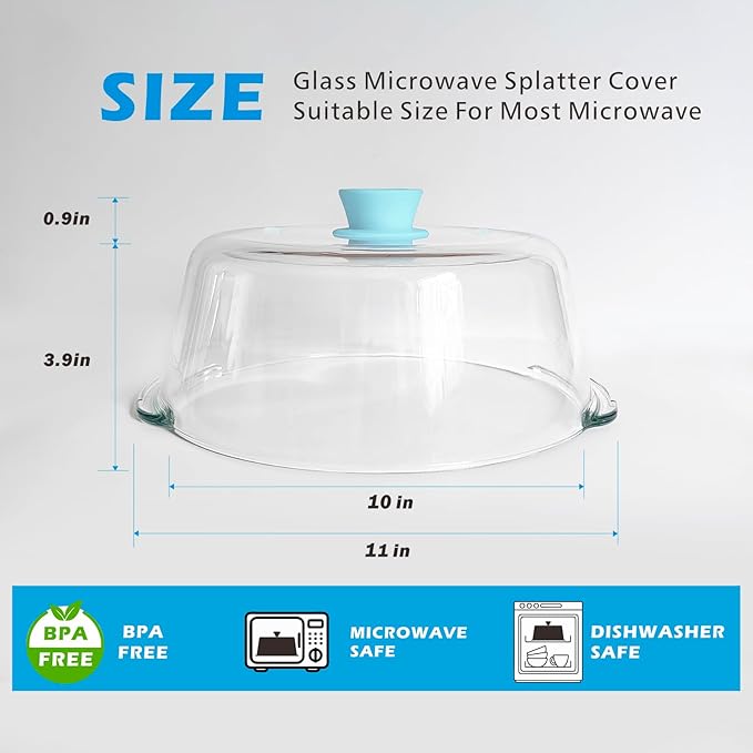 Tall Glass Microwave Splatter Cover for Food with Vent Hole 100% Food Safe 10in Plate Splatter Guard Lid with Silicone Knob BPA Free Cookware Serving Dish Cover Dishwasher Safe