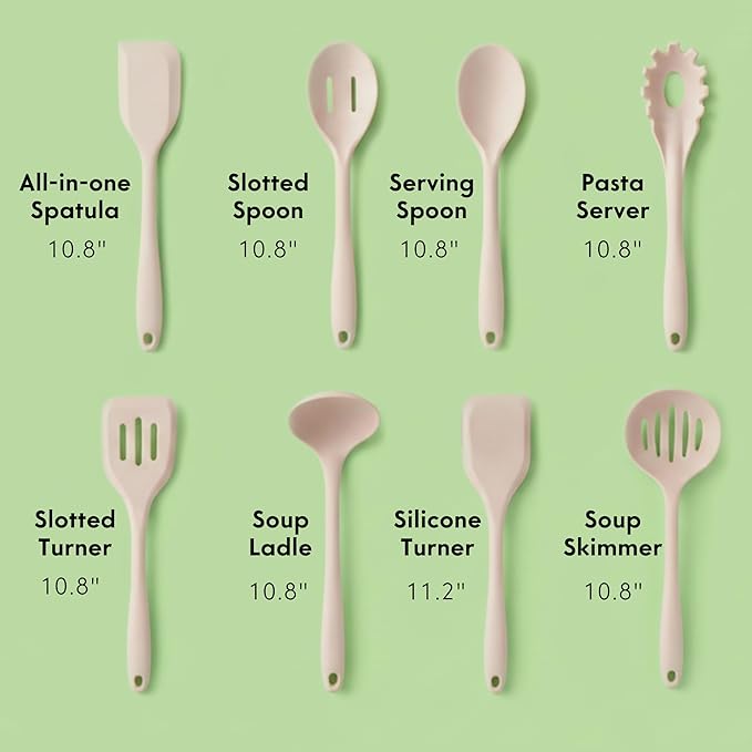 Non-Toxic Platinum Silicone Kitchen Utensil Set of 8 โ Non-Scratch Cooking Spoons & Spatulas, 100% Plastic Free, Stainless Steel Core, Heat Resistant 500ยฐF, Beige