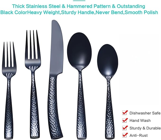 Silverware Set Black Hammered Pattern Flatware Cutlery Stainless Steel Utensil 20 Pieces Spoons Forks and Knives Service for 4