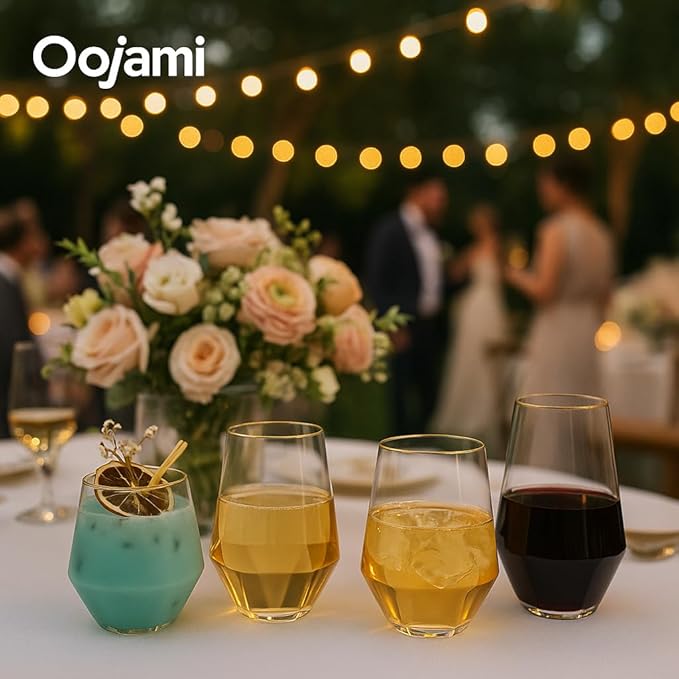 48 Pack Diamond Gold Rim Unbreakable Stemless Plastic Glasses 24 9oz Stemless Champagne Flutes & 24 12oz Cups BPA-Free, Disposable, Shatterproof Drinkware for Weddings, Bars, Events and parties