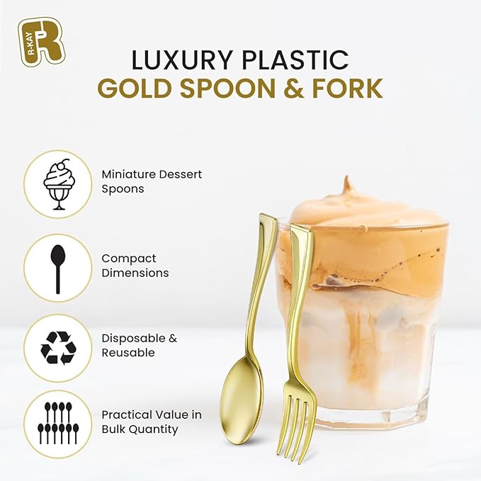 100 Combo Pack 50 Gold Mini Forks And 50 Gold Mini Spoons 4 Inch Dessert Forks And Spoons - Heavy duty Mini Cutlery, Tastings, Cocktails, Dessert Cups.