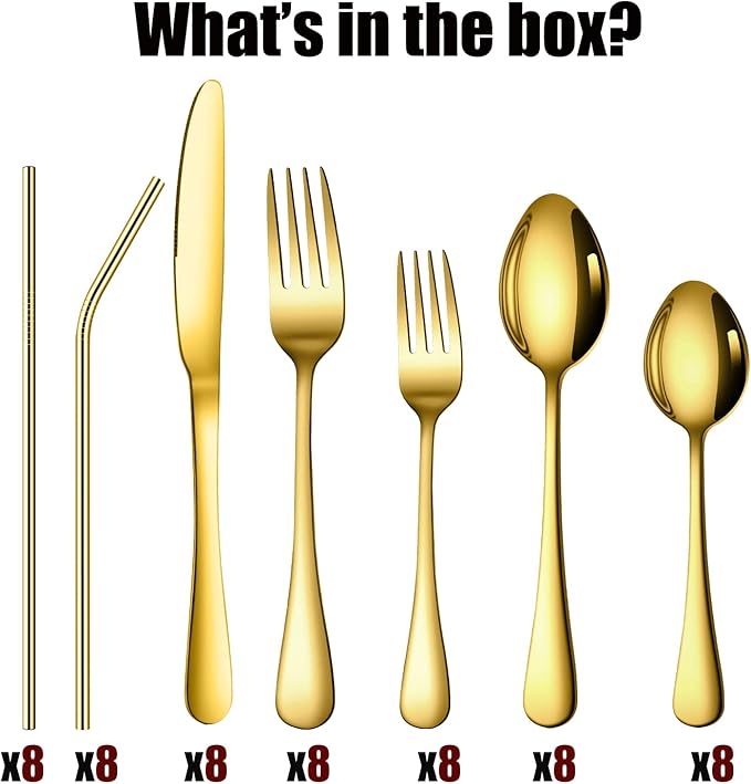 56 Pieces Gold Silverware Service for 8 Flatware Set with Straws Stainless Steel Utensils Cutlery Set Dishwasher Safe Flatware (Gold, 56)