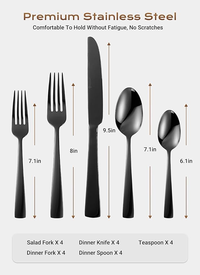 Black Silverware Set, 20-Piece Flatware Set Service for 4, Durable Stainless Steel, Mirror Polished Tableware Eating Cutlery Set, Kitchen Utensils Set with Steak Knives, Dishwasher Safe