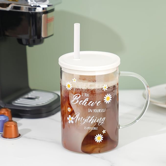 NiHome 33oz Large Clear Glass Cup with Handle, Silicone Lid & Straw, Wide Mouth Glass Coffee Mug for Hot and Cold Drinks, Glass Tumbler Set with Decorative Daisy Pattern for Coffee/Beer/Milk/Tea/Water