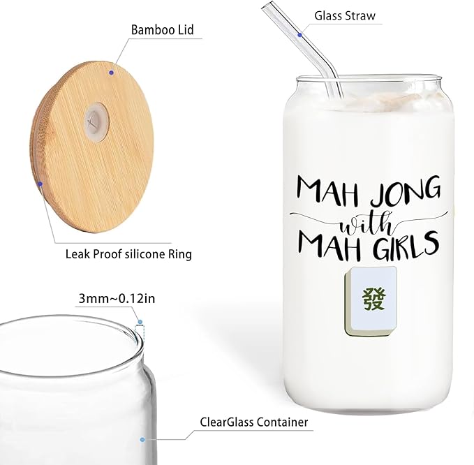 Mahjong Gifts for Women Glass Cup with Lids and Straws 14oz, Gifts for Mahjong Players Lovers Women, Mah Jong with Mah Girls Glass Iced Coffee Tumbler Drinking Jars with Cleaning Brush