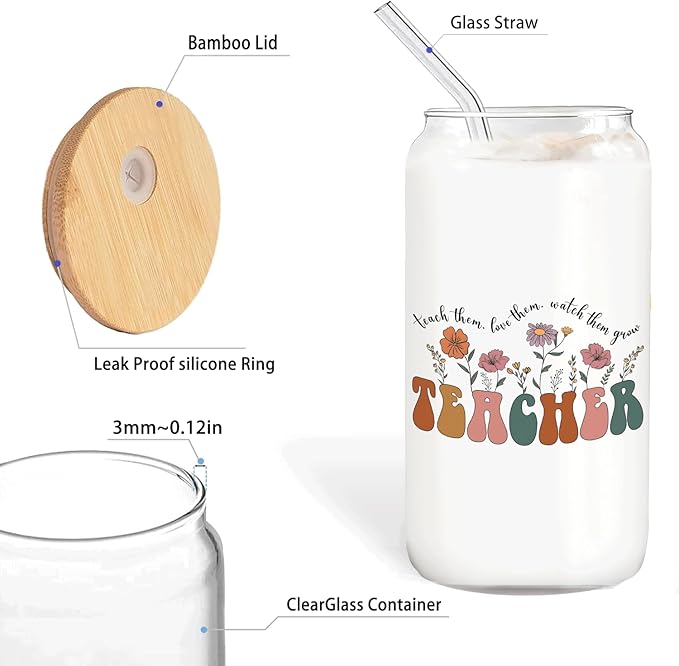 Teacher Glass Cup with Lids and Straws 14oz, Back to School Teacher Gifts, Teachers Appreciation Gift for Women Glass Iced Coffee Tumbler Drinking Jars with Cleaning Brush