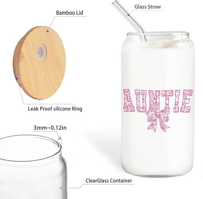 Pink Bow Auntie Glass Cup with Lids and Straws 14oz, Auntie Mother's Day Birthday Gifts from Niece Nephew Glass Iced Coffee Tumbler Drinking Jars with Cleaning Brush