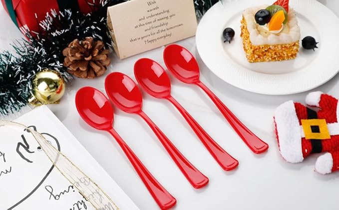 WDF 100 Pack Christmas Plastic Spoons - 6.9 Inch Heavy Duty Red Disposable Plastic Spoons, Modern Red Disposable Spoons Perfect for Christmas