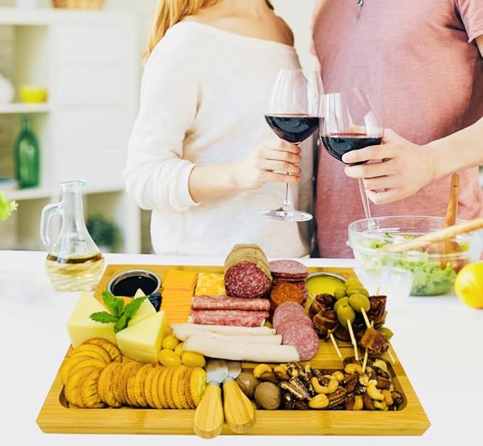 Bamboo Cheese Board with Knives & Bowls - Extra Large Wooden Cutting Board Platter for Wine & Charcuterie