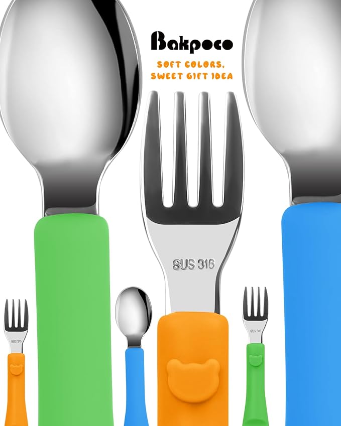 6PCS Toddler Utensils, 316 Stainless Steel Baby Safe Forks + Spoons with Silicone Handle, BPA Free Dishwasher Safe Kids Silverware Cutlery with Box, Bright Orange/Blue/Green