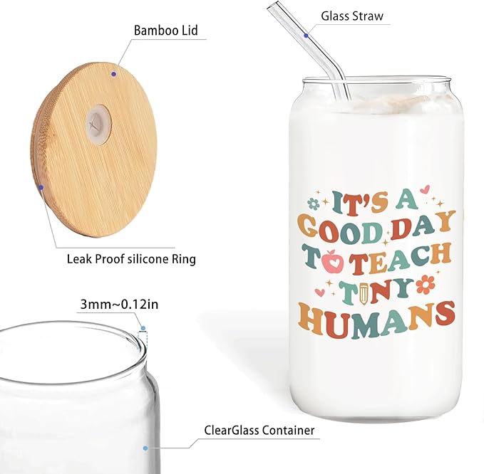 Teacher Glass Cup with Lids and Straws 14oz, Back to School Teacher Gifts, Kindergarten Teachers Appreciation Gifts Glass Iced Coffee Tumbler Drinking Jars with Cleaning Brush