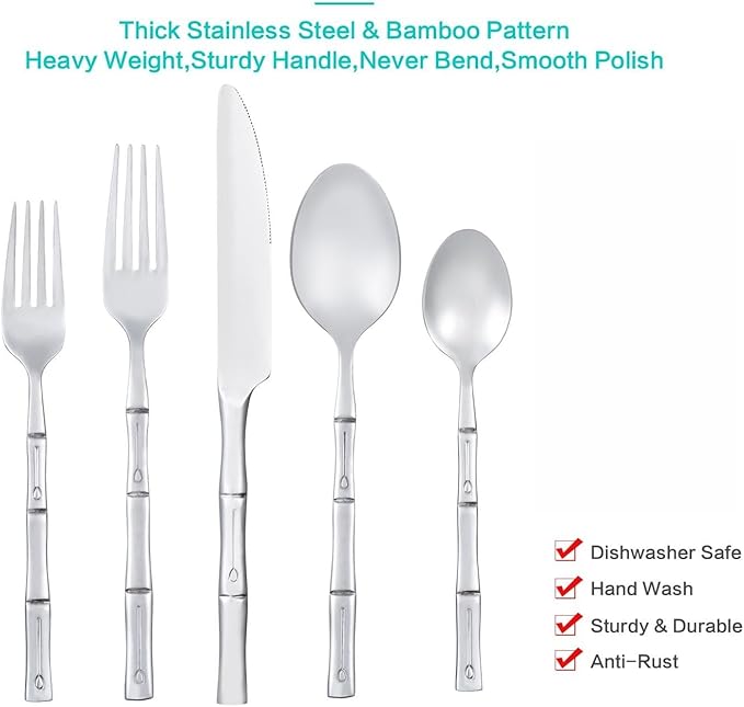 Flatware Set Silverware Set Stainless Steel Cutlery Set Bamboo Pattern Mirror Finished 60 Pieces Party Event Use Wedding Housewarming Gift Service for 12