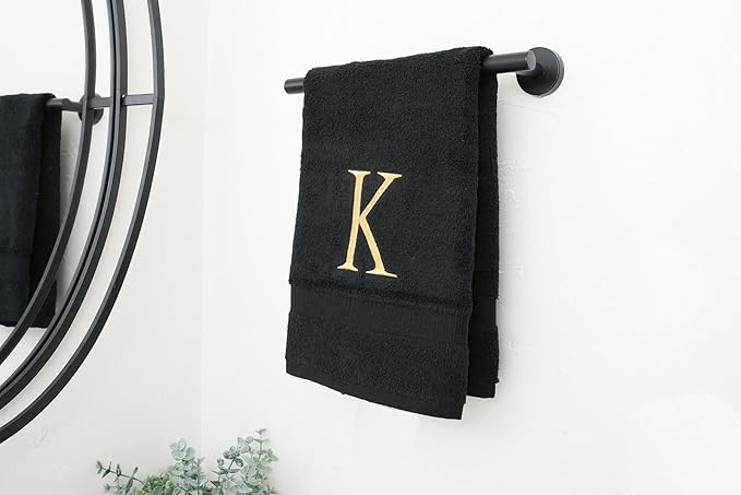 Black Monogrammed Hand Towels for Bathroom - Black and Gold Luxury Hotel Quality Personalized Initial Decorative Embroidered for Powder Room, Spa-GOTS Organic Certified - Pack of 2, Letter K