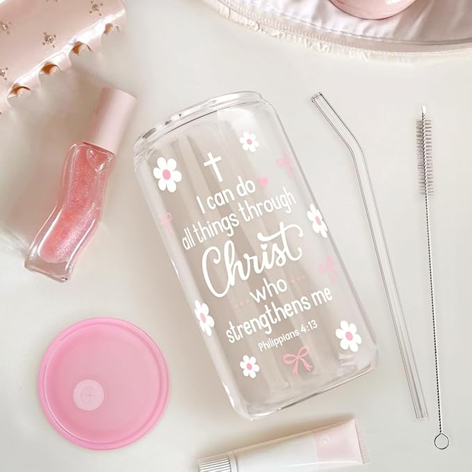SANDJEST Christian Glass Can Tumbler 16oz, Inspirational Glass Cup with Lid & Straw, Iced Coffee Aesthetic Cups for Women Girls, Gifts Idea for Christmas Birthday