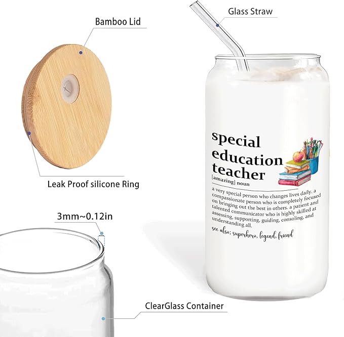 Special Education Teacher Glass Cup with Lids and Straws 14oz, SPED Teacher Appreciation Gifts, Teachers Gifts for Women Glass Iced Coffee Tumbler Drinking Jars with Cleaning Brush