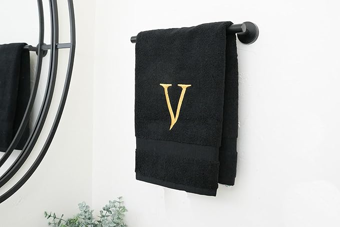 Black Initial Hand Towel for Bathroom - Monogrammed Luxury Hotel Quality Decorative Embroidered Towel for Powder Room, Spa - GOTS Organic Certified - Pack of 2, Letter V