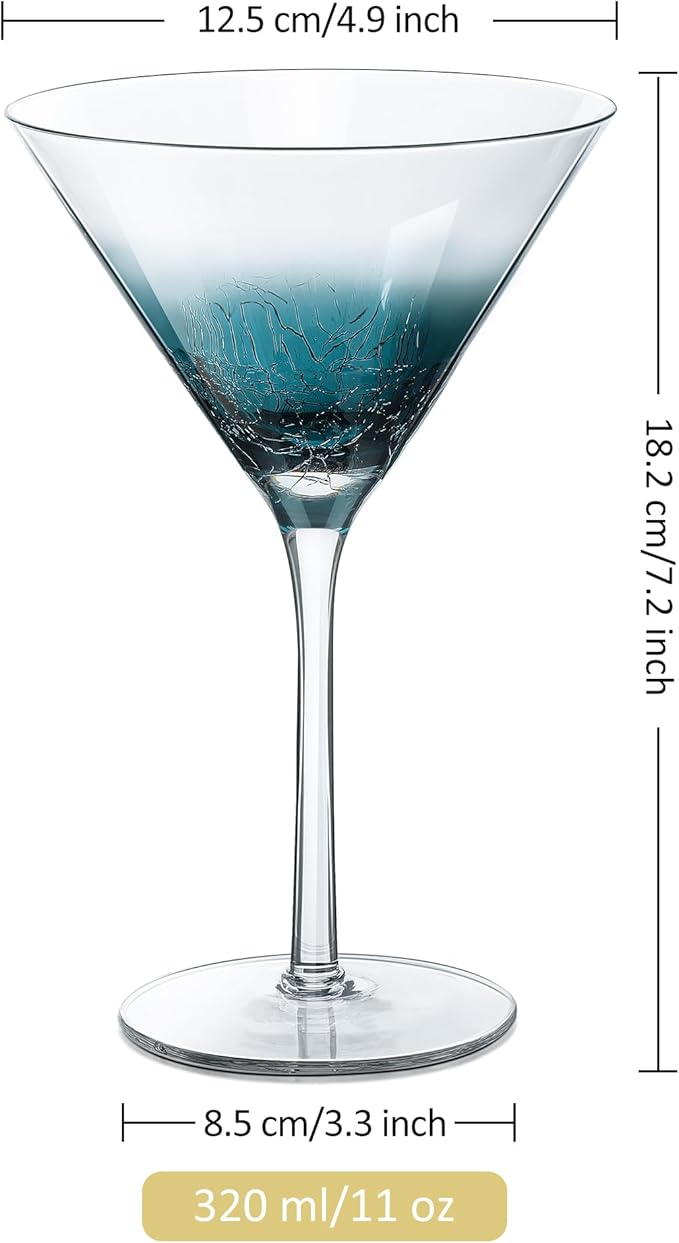 Joeyan Handmade Blue Crackle Martini Glasses,11 oz Crystal Cocktail Glassware,Drinking Glasses for Espresso Martini Cosmopolitan Manhattan Gimlet,Set of 2