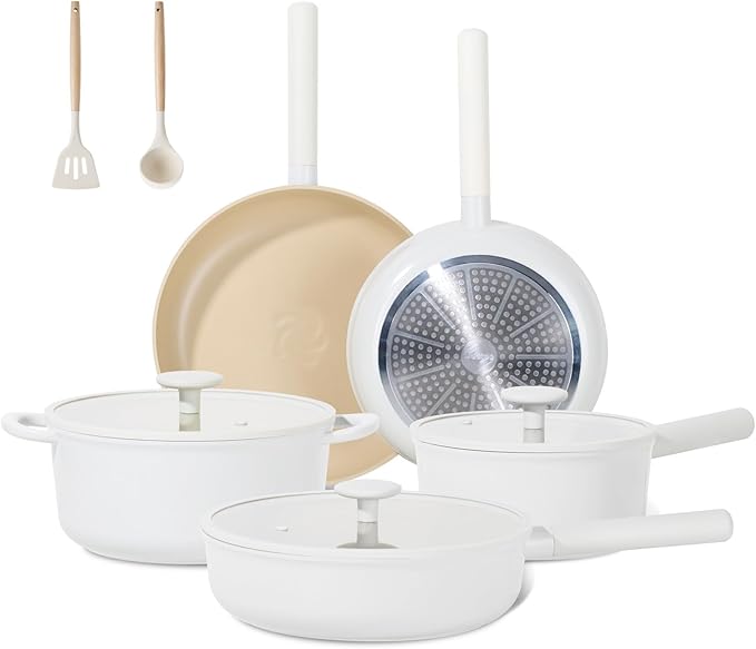 JEETEE Ceramic Cookware Set, 15 PCS Pots and Pans Set Non Stick with Removable Handles, Non Toxic Induction Kitchen Cookware Sets, Oven Safe PFAS/PFOA Free Cream