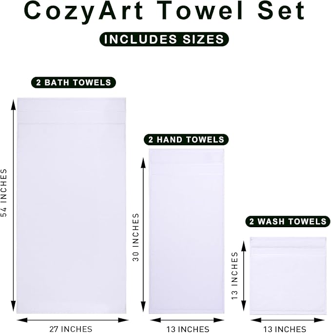 COZYART White Bath Towels Set 6 Piece, Luxury 100% Turkish Cotton 650GSM Hotel Quality, Soft, Absorbent,Towel Sets for Bathroom | 2 Bath Towels 2 Hand Towels 2 Washcloths