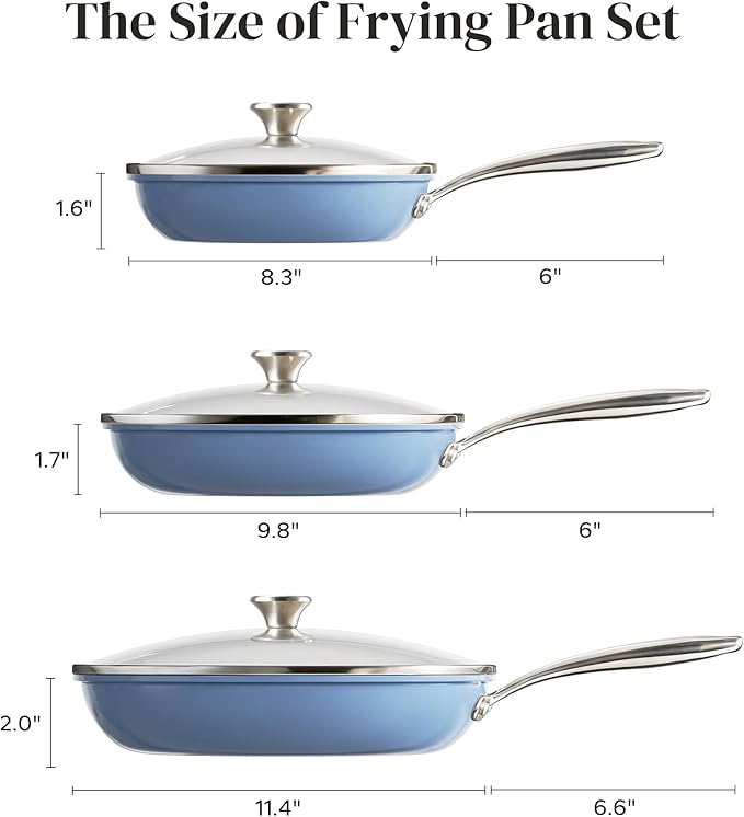 Redchef Nonstick Cookware Sets, Ceramic Frying Pan Set with Tempered Glass Lids, Non Stick Cooking Set, Dishwasher & Oven Safe, Induction Safe, Compatible with All Cooktops, Blue (8", 9.5", 11")