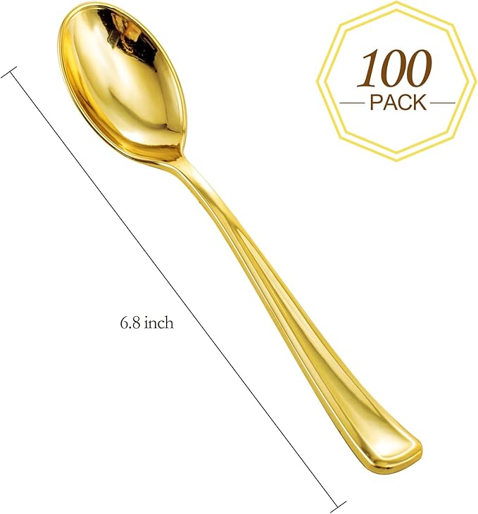 WDF 100 Pack Gold Plastic Spoons Disposable - Durable Heavy Duty 6.9 Inch Gold Spoons, Heat Resistant Modern Disposable Spoons Perfect for Christmas Parties, Wedding, Banquets