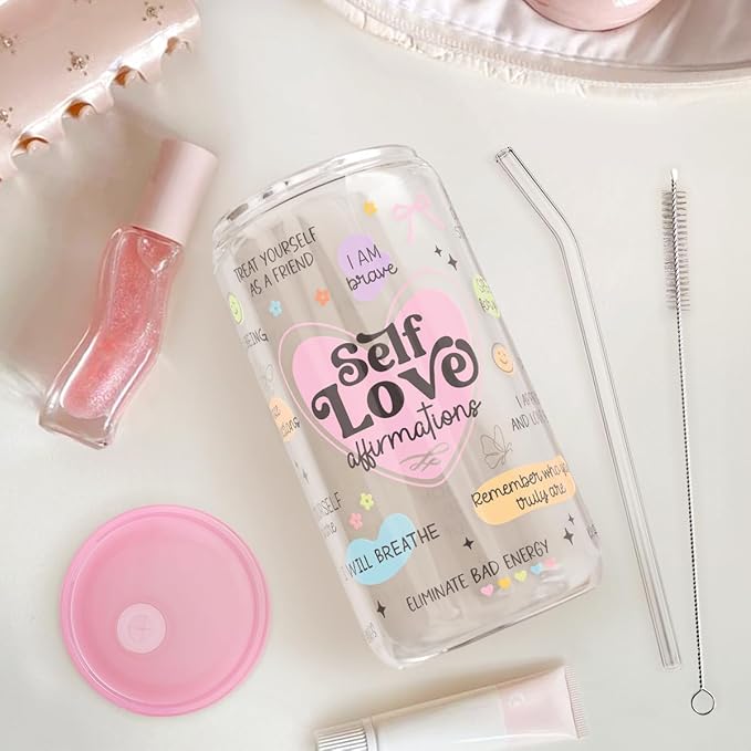 SANDJEST Inspiration Glass Can, Self Love Iced Coffee Aesthetic Cup, Gifts for Christmas Birthday, Gift for Women Girls, 16oz
